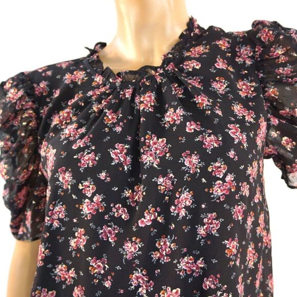 1. STATE Womens Multicolore Floral Top Pouf Sleeve Ruffled Neckline Size L - Picture 3 of 10